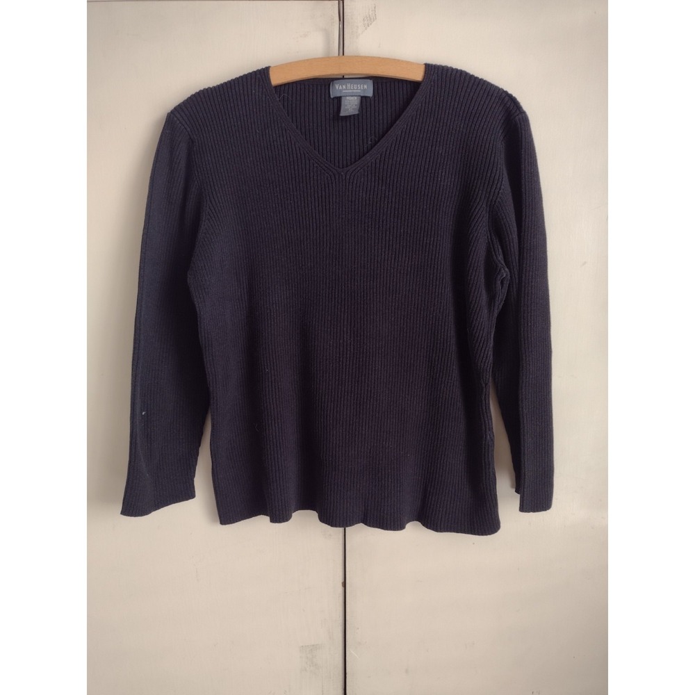 Vtg Van Heusen Sweater V Neck Rib Pullover Cotton Sz XL 90s Y2k Minimalist Black